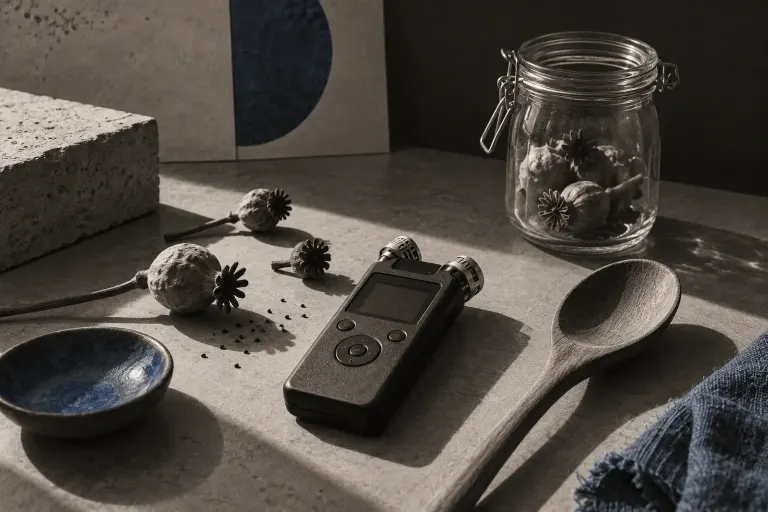 A recorder beside everyday objects on a tabletop, an AI-created illustration