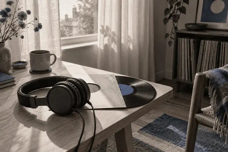 Headphones and a record in a quiet listening corner, an AI-created illustration