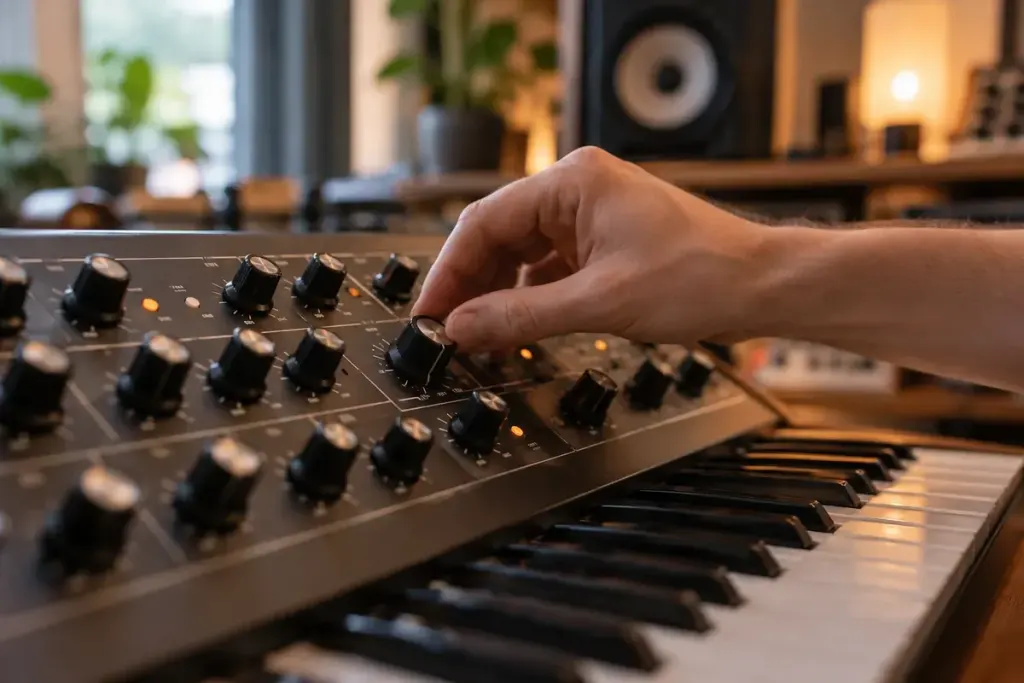 A synthesizer filter knob in a softly lit studio.
