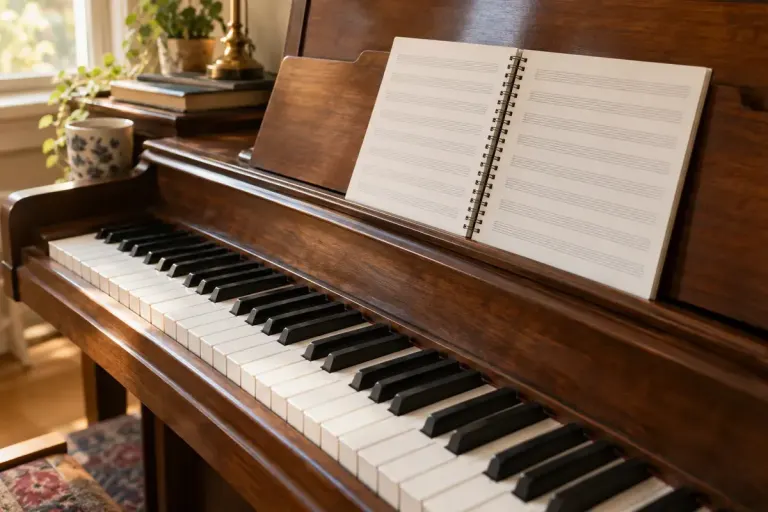 An acoustic piano with an open music manuscript notebook on its wooden stand.