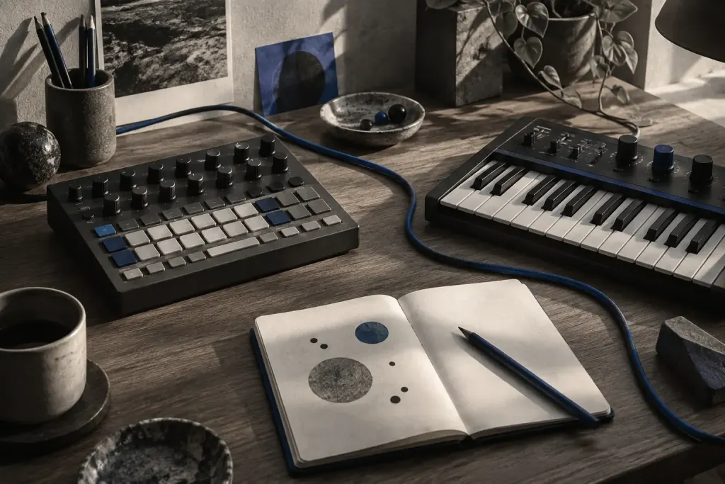 A small keyboard and drum machine on a music desk, an AI-created illustration