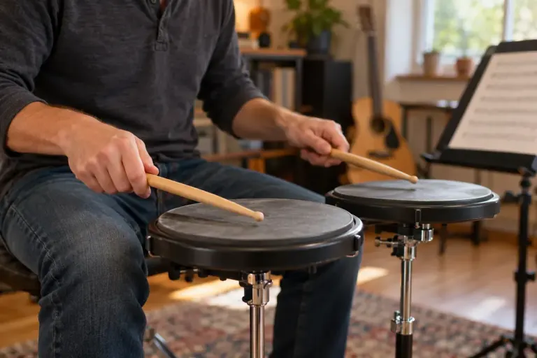 Hands tapping two percussion pads in a home music room.